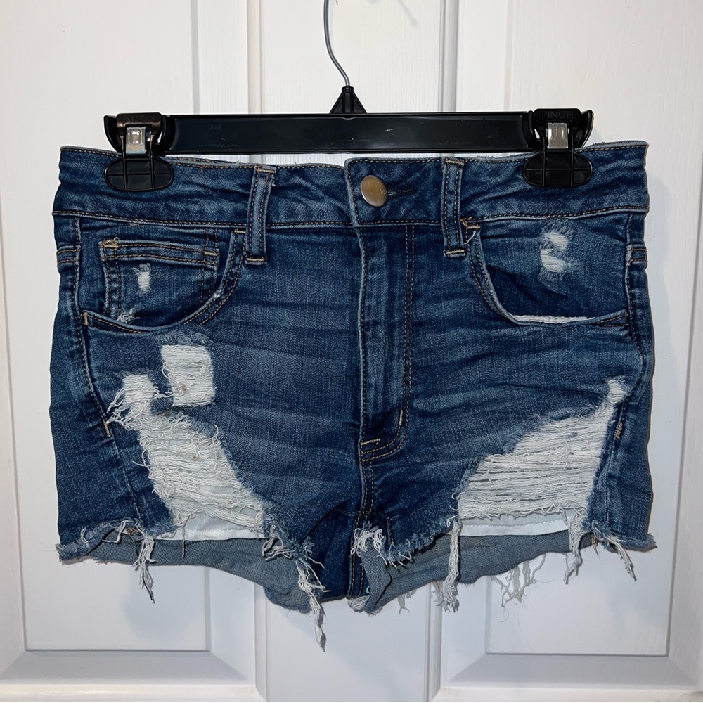 High Rise Cutoff Distressed Mini Shortie | American Eagle Denim Stretch Shorts